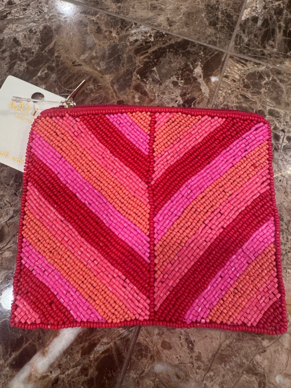 KayLee New York Handmade Seed Bead Coin Purse Pink Red Striped Zip Pouch - Picture 2 of 12